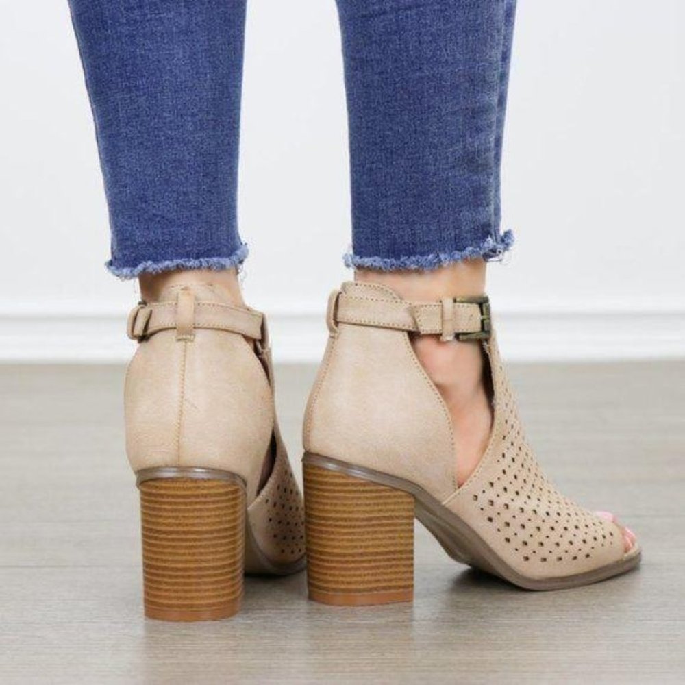 Perforated Taupe Peep-Toe Block Heel Booties - Picture 2 of 8